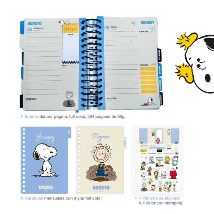 Agenda Mooving 2026 Snoopy Día por Pagina Espiralada 14x20 cm Art.1404134